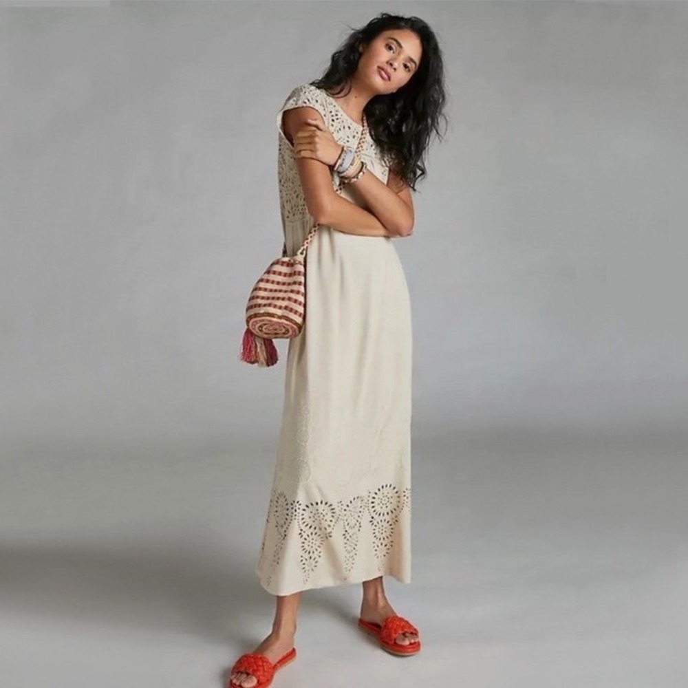 ANTHROPOLOGIE Tiny Bobbie Eyelet Lace Maxi Dress in Beige Size Small